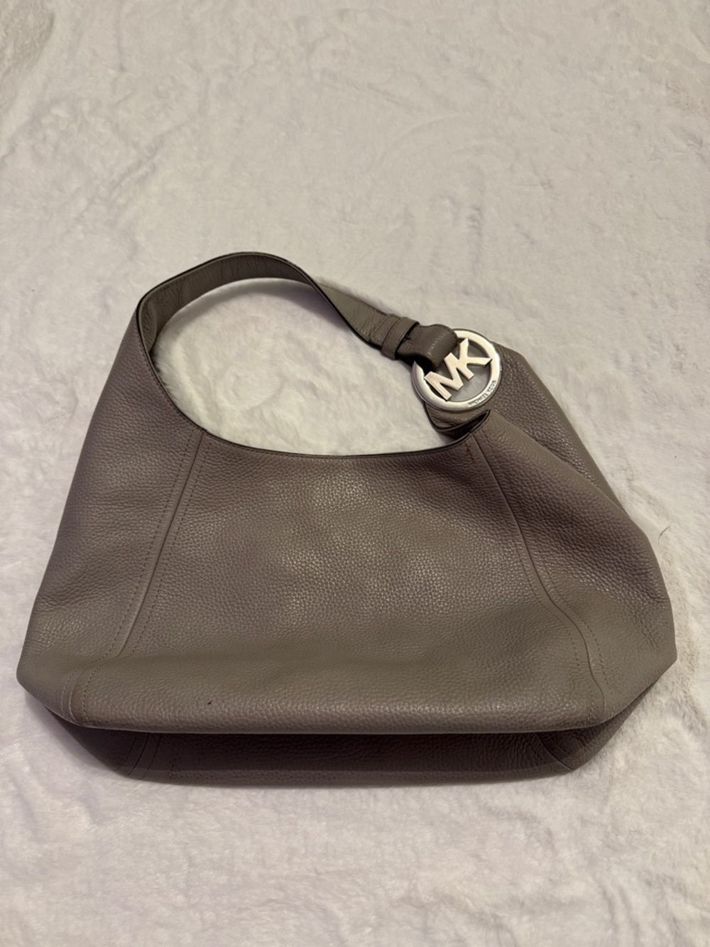 Michael Kors Taupe Pebbled Leather Shoulder Hobo with MK Charm